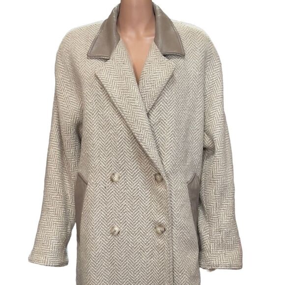 London Fog Tempo Europa Vintage Pure Wool Leather Collar Trench Coat Size 12 - Picture 6 of 15